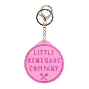 Bright pink round logo keyring for Little Renegade Company