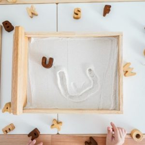Montessori Sand Tray with wooden letters
